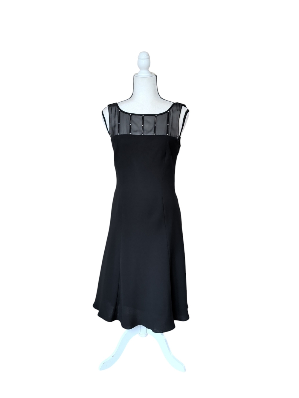Evan Picone Embellished Illusion Neck Draped Back Midi Cocktail Dress 8 Black